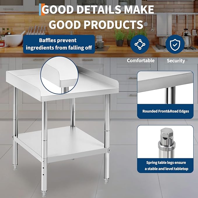 24x28x30 in Stainless Steel Equipment Grill Stand Table 400 LBS Capacity NSF Certified with Adjustable Legs, 2 in Edge Baffle, for Hotel, Home, Commercial Restaurant Kitchen