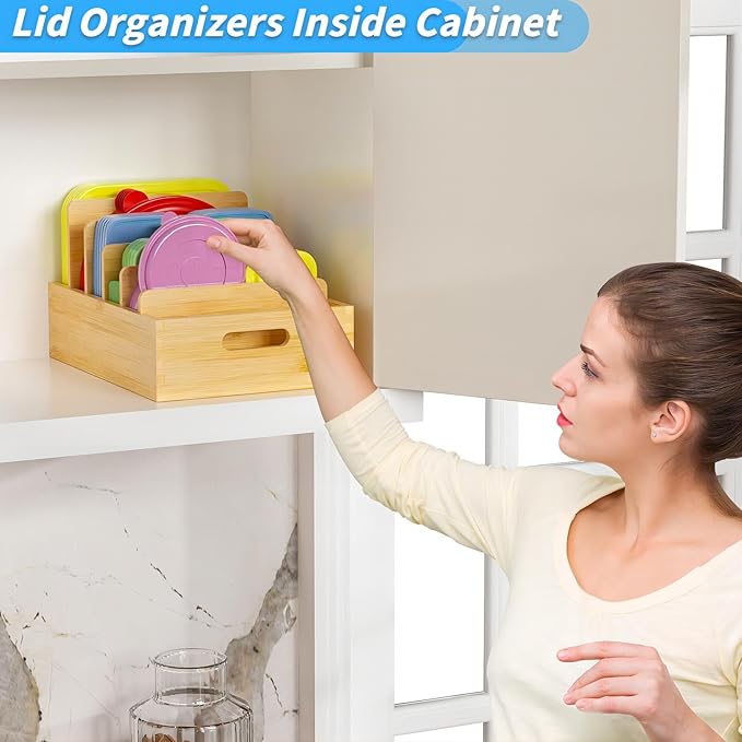 Bamboo Lid Organizers Inside Cabine, Kitchen Cabinet Organizer with 5 Adjustable Dividers, Food Container Plastic Holders for Drawer Pantry, Nature