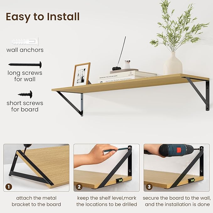Fun Memories Deep Floating Shelves for Wall, 36W x 8D Wall Mounted Shelves Set of 2, Wide Display Ledge Shelf with Sturdy Metal Brackets for Living Room, Bathroom, Bedroom and Kitchen, Oak