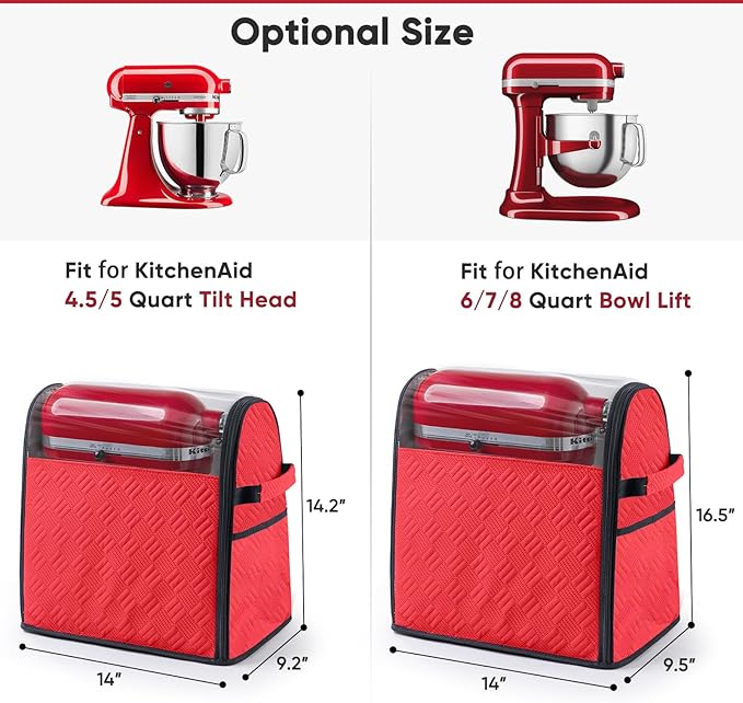 BAGSPRITE Full Open Stand Mixer Cover with Slider Base Compatible with KitchenAid 6-8 Qt Bowl-Lift Mixers – Dustproof Quilted Kitchen Aid Mixer Cover with Pockets for Accessories & Attachments