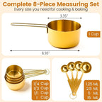 Gold 304 Stainless Steel Measuring Cup and Spoon Set, Stackable, 8-Piece, Long Handle for Narrow Bottles, Premium Gold Kitchen Utensils for and Cooking