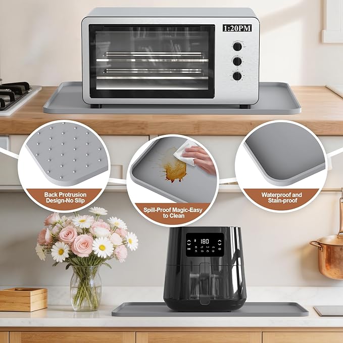 Silicone Mats for Kitchen Countertop, 24x16 inch Heat Resistant Mats for Air Fryer, Non-Slip Counter Protector Pad for Ninja, COSORI, Cuisinart, Coffee Maker, Toaster, Oven – Dishwasher Safe, Grey