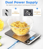 Food Scale - 15kg/33lb Rechargeable Digital Kitchen Scale with Full-View LCD Display, Grams and Ounces, Type-C or Batteries, Easy Clean Stainless Steel, for Baking, Cooking & Meal Prep, Black