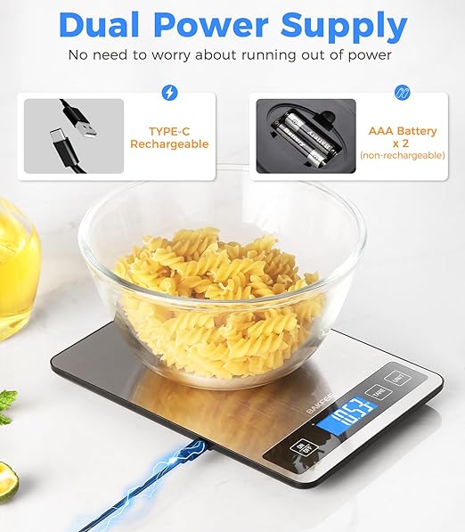 Food Scale - 15kg/33lb Rechargeable Digital Kitchen Scale with Full-View LCD Display, Grams and Ounces, Type-C or Batteries, Easy Clean Stainless Steel, for Baking, Cooking & Meal Prep, Black