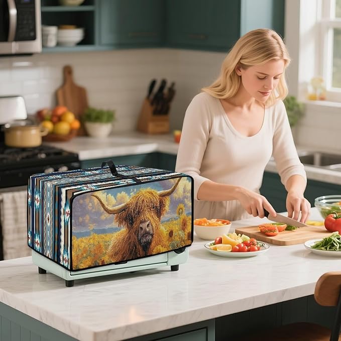 Highland Cattle Sunflower Print Toaster Cover Air Fryer Dust Cover Anti Fingerprint Aztec Toaster Oven Cover Washable Kitchen Small Appliance Covers (Medium-16.1 * 19.71 * 10 inches)