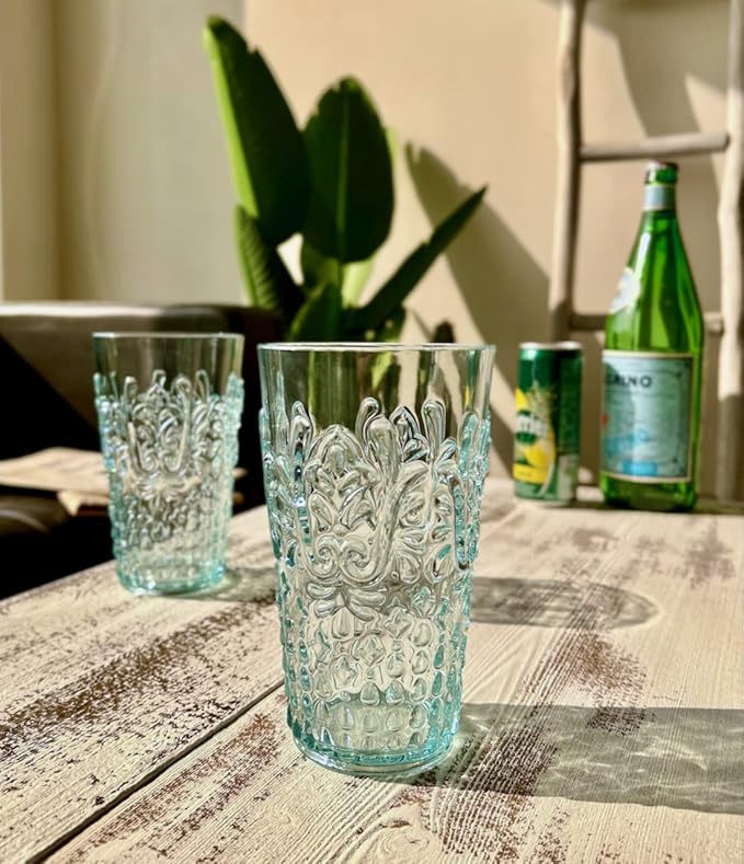 KLIFA- BLOIS- 20.5 ounce, Set of 6, Acrylic Highball Drinking Glasses, BPA-Free, Stackable Plastic Drinkware, Dishwasher Safe, Vintage Looking Cups, Light Teal