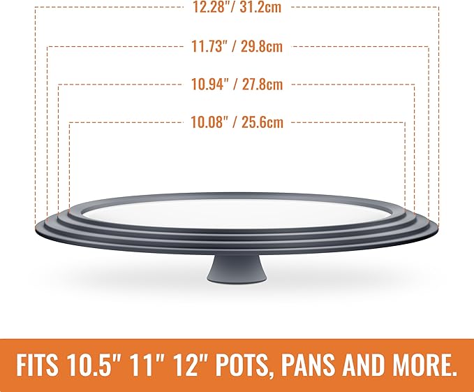 Universal Lids for Pots, Pans and Skillets, 10.5", 11" and 12" Pan Lid, Tempered Glass Pot Lid with Silicone Rim Heat Resistant, Replacement Pan Cover for Frying, Cookware & Bakeware Lids, Grey