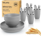 Wheat Straw Dinnerware Sets, 20 PCS Service for 4, Dishwasher & Microwave Safe Kids Plates and Bowls Sets, Unbreakable Lightweight Outdoor Camping Dishes - Gray