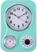 Lily's Home - 9.5 Inch x 12.5 Inch - Retro Kitchen Wall Clock, Vintage Wall Clock with a Thermometer and 60-Minute Timer, Ideal for Any Kitchen, Office, or Diner (Turquoise)