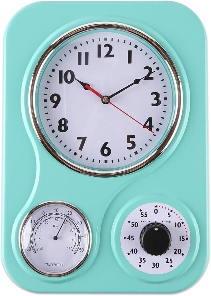 Lily's Home - 9.5 Inch x 12.5 Inch - Retro Kitchen Wall Clock, Vintage Wall Clock with a Thermometer and 60-Minute Timer, Ideal for Any Kitchen, Office, or Diner (Turquoise)