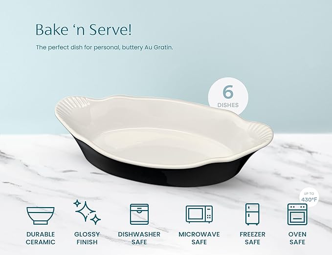 Au Gratin Baking Dishes, by Kook, Mini Casserole Dish, Set of 6, for Banana Split, Oven and Microwave Safe, Dishwasher Safe, Ceramic Serving Dishes, Lasagna & Cobblers, Individual Serving, 12 oz (Black)