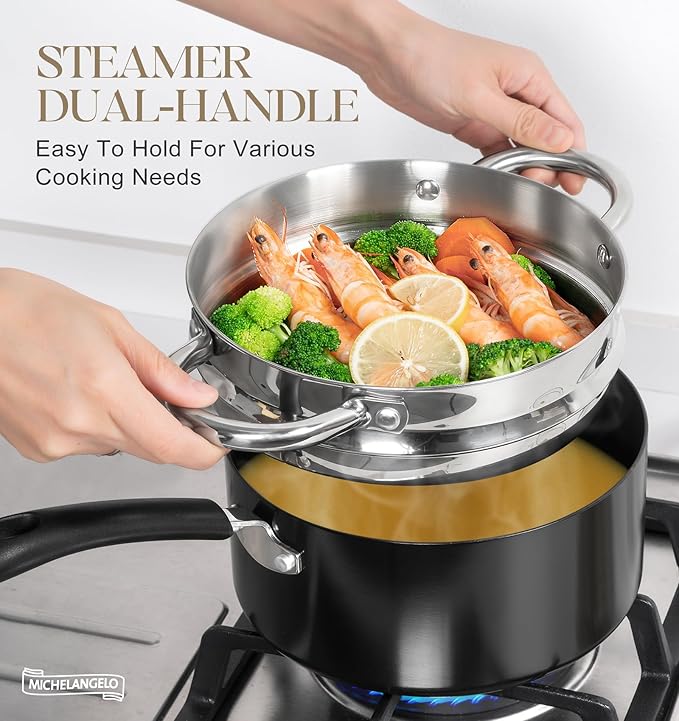 MICHELANGELO Nonstick Saucepan with Lid, Ceramic Sauce Pan Sets, Easy to Clean Sauce Pans, Multi-Purpose Cooking Pots, 1QT & 2QT & 3QT, Silver