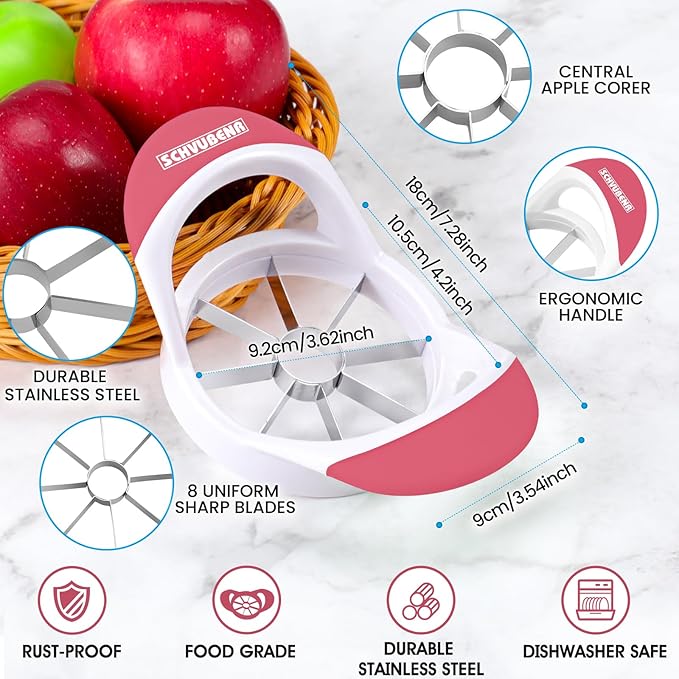 SCHVUBENR 3.5 Inch Apple Slicer - Professional Apple Cutter - Stainless Steel Apple Corer - Super Sharp Apple Slicer and Corer - Apple Tool with 8 Sharp Blades(Pink)