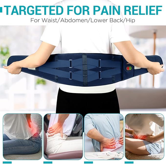 Comfytemp Cordless Heating Pad with Massager for Back Pain Relief, Portable Lower Back Massager Wearable, Birthday Gifts for Dad Mom Men Women, 3 Heat, 30mins Auto-Off Blue