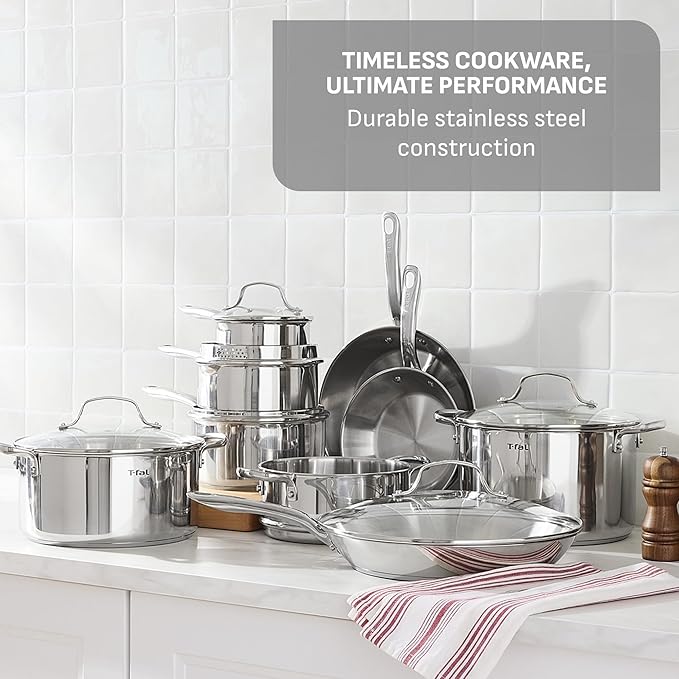 T-fal Gourmet 15-Piece Stainless Steel Cookware Set, Pots and Pans Cooking Set, Dishwasher Safe, Oven Safe to 500°F, Induction Compatible, Stock Pot, Sauce, Saute, Frying Pans, Silver