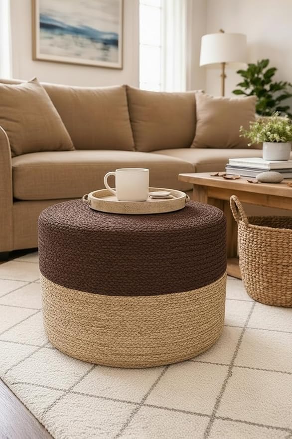 Jute Pouf Ottoman | Footrest Pouf | Hand Braided - Round Boho Pouffe - for Living Room, Bedroom, Nursery (18"x18"x12") Brown