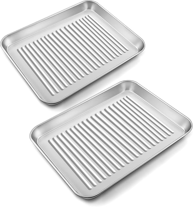 P&P CHEF 9 x 7 x 1 Inch Mini Toaster Oven Pan, Stainless Steel Small Baking Pan Oven Tray for Cooking & Roasting, Corrugated Bottom, Healthy & Sturdy, Dishwasher Safe - 2Pcs