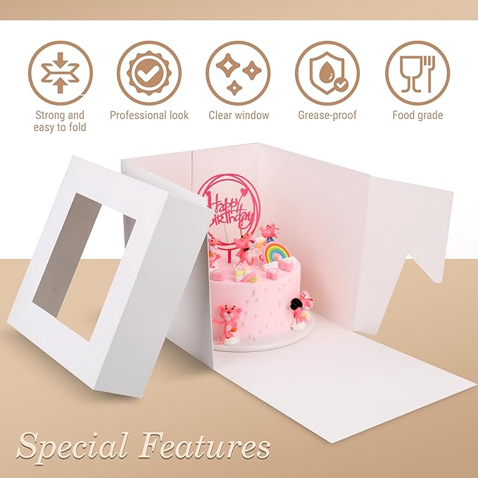 Cakebon Cake Boxes with Boards - 10 Inch Round Cake Drum White (3-pack) - Box With Window for Birthdays, Weddings and Parties