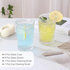 ZMOWIPDL Vintage Glassware Drinking Glasses Set of 6,13 oz Clear Textured Flower Design Glass Water Tumblers，Embossed Striped Drinkware for Water,Cocktails,Juice,Iced Coffee