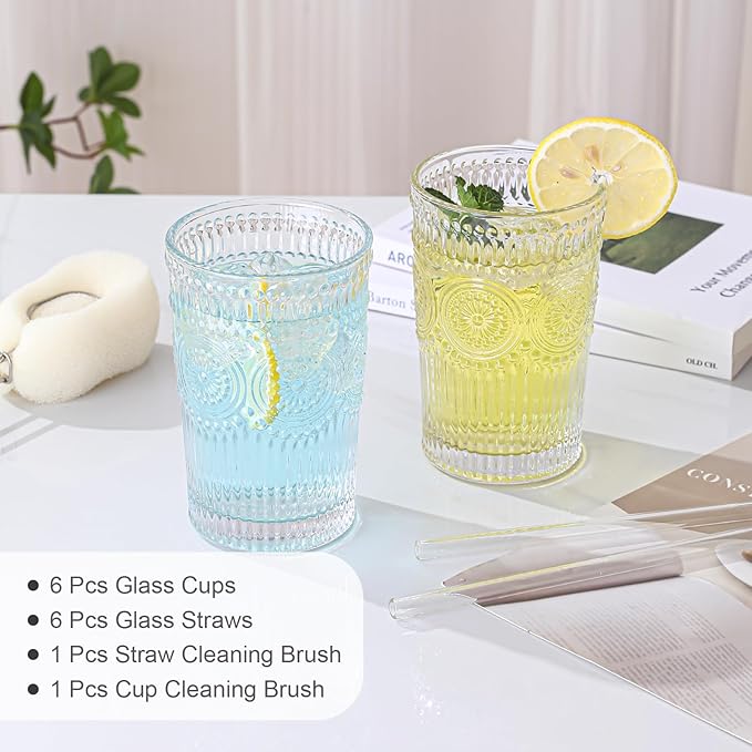 ZMOWIPDL Vintage Glassware Drinking Glasses Set of 6,13 oz Clear Textured Flower Design Glass Water Tumblers，Embossed Striped Drinkware for Water,Cocktails,Juice,Iced Coffee