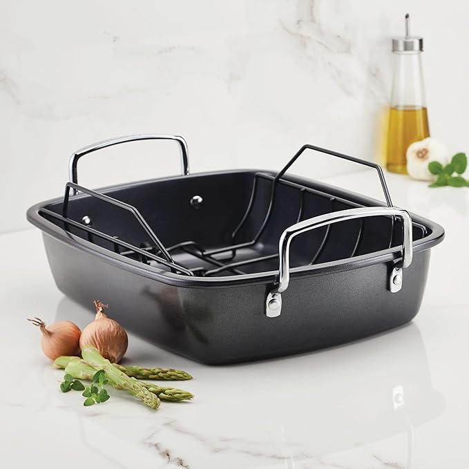 Circulon Ultra-Lasting Nonstick Roasting Pan with Rack, Roaster Pan with Easy Serve Rack, 17-Inch x 13-Inch, Black