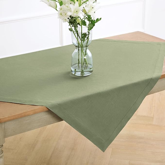 Solino Home Linen Square Tablecloth 52 x 52 Inch - 100% Pure Linen Oil Green Table Throw - Fete, Machine Washable Table Cloth for Christmas, New Year