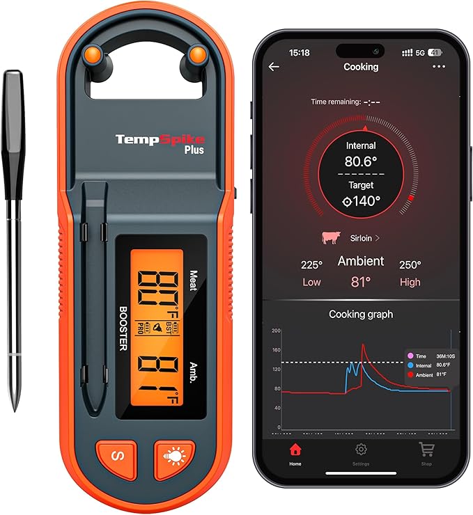 Thermopro TempSpike 600 ft Wireless Meat Thermometer Digital with Ultra-Thinner Probe, Bluetooth Meat Thermometer Wireless with LCD-Enhanced Booster for BBQ Grill Smoker Rotisserie Sous Vide