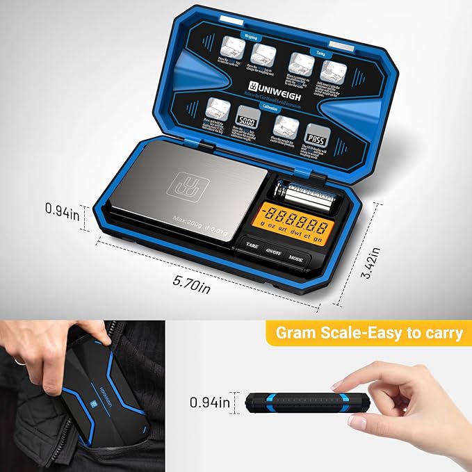 UNIWEIGH Digital Pocket Scale 200g/0.01g, Digital Gram Scale, Mini Jewelry Scales Digital Weight Grams with 50g Cal Weights for Food,Jewelry,Coins,Small Items,Coffee (Battery Included)-Blue
