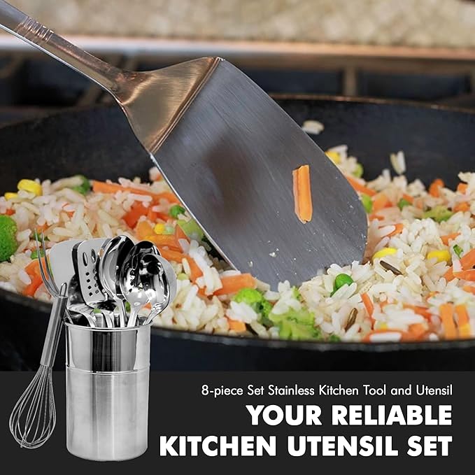 Chef Craft - 8 Piece Stainless Steel Kitchen Utensils Set with Utensil Holder