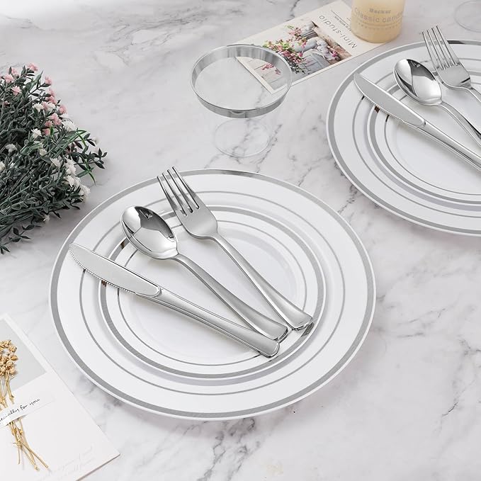 BESTVIP 900PCS Silver Dinnerware Set for 150 Guests, Plastic Plates for Party, 150 Silver Disposable Plates, 150 Dessert Plates, 150 Cups, 150 Spoons, 150 Forks and 150 Knives