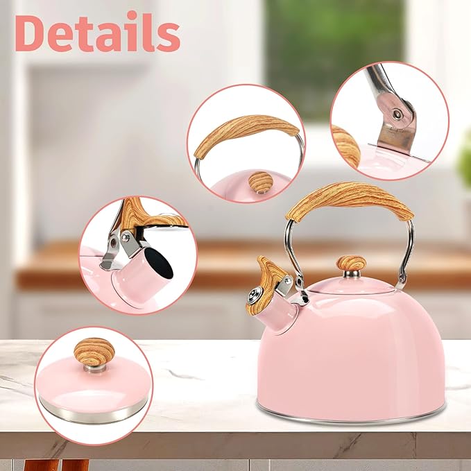 Tea Kettle,Whistling Tea Kettle Stovetop 2.6 Quart, Tea Pots for Stove Top Food Grade Stainless Steel,Wood Pattern Handle(Pink),With Anti Scald Towel