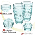 CREATIVELAND Colored Vintage Drinking Glasses Set of 4, 15.5 oz Romantic Embossed Water Glasses, Colored Tumblers Tempered Glass for Juice, Beverages, Beer, Cocktail