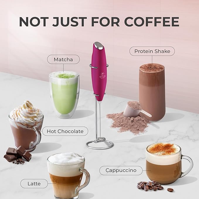 Zulay Kitchen Powerful Milk Frother Wand With 4 AA Duracell Batteries - Ultra Fast Handheld Drink Mixer - Electric Whisk Foam Maker for Coffee, Lattes, Cappuccino, Matcha & Creamer - Dragonfruit