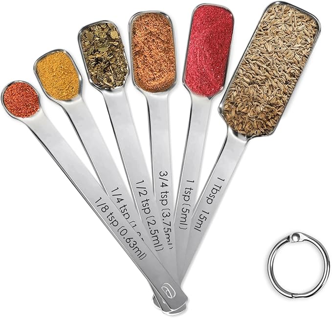 Stainless Steel Measuring Spoons Set of 6, Rectangular Metal Measuring Spoons for Dry & Liquid Ingredients, Slim Design Fits in Spice Jars, Kitchen Gadgets for Baking & Cooking