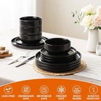 EWFEN Plates and Bowls Sets, 12 Pieces Ceramic Dinnerware Set for 4, Stoneware Dishware Dishes Set, Scratch Resistant Dishes Set, Dishwasher & Microwave Safe, Black