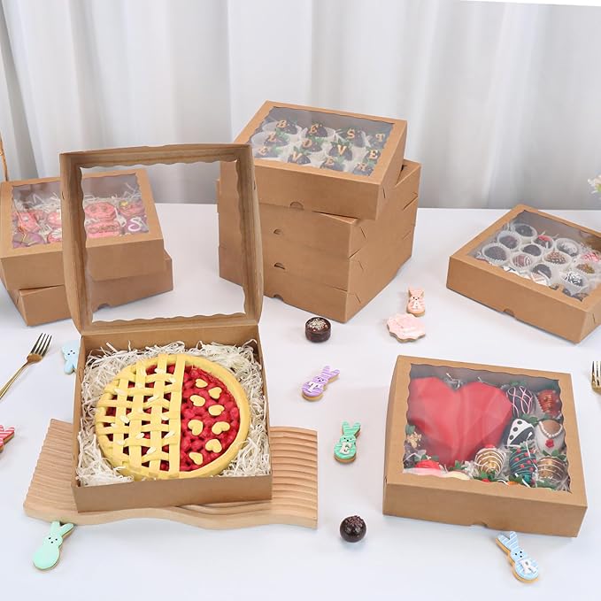 Brown Bakery Boxes with Window (36pcs, 9x9x2.5 Inch) for Christmas: Ideal for Pie, Cookies, Chocolate Covered Strawberries, Breakable Heart & Charcuterie