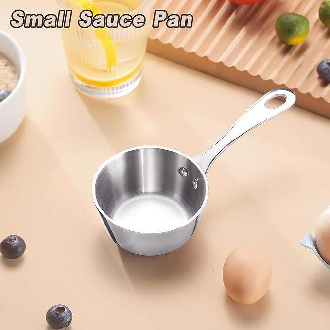 Mini Sauce Pan, Tri-Ply Stainless Steel Pot with Stay-Cool Handle Heating Sauce Gravy & Oil (5oz/150ml) - Silver