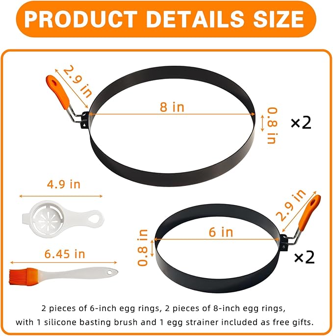 4 Pcs 6" Egg Ring 8" Pancake Mold Stainless Steel Non-stick Omelette Ring with Silicone Handle Egg Mold for Breakfast Sandwiches (Silicone Oil Brush Eggs Strainer)