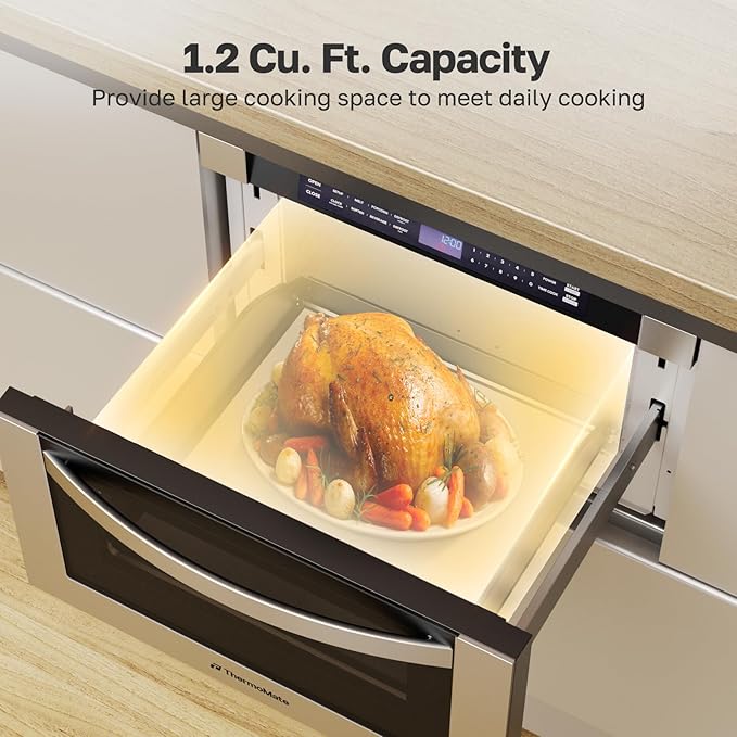 24 Inch Built-in Microwave Drawer, ThermoMate 1.2 Cu. Ft. Microwave Drawer with Automatic Presets, 1000 Watts with 11 Power Levels, Touch Controls, Sensor Cooking, Defrosting Rack, Stainless Steel