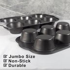 Non-Stick Jumbo Muffin Pans, 3.5" 6-Cup Set of 2 Baking Pans, Heavy Duty Carbon Steel Tins for Extra-large Muffins & Cupcakes
