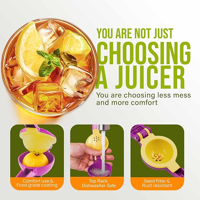 Zulay Kitchen Metal 2-in-1 Lemon Squeezer - Sturdy Max Extraction Hand Juicer Lemon Squeezer Gets Every Last Drop - Easy to Clean Manual Citrus Juicer - Easy-Use Lemon Juicer Squeezer - Purple/Yellow