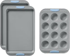 Pyrex (3-Piece) Metal Cookie & Muffin Sheet Bakeware Set, Lightweight Stainless Steel Baking Trays with Heatsafe Silicone Handles, Cookie Muffin Sheet Baking Pan, Cerulean