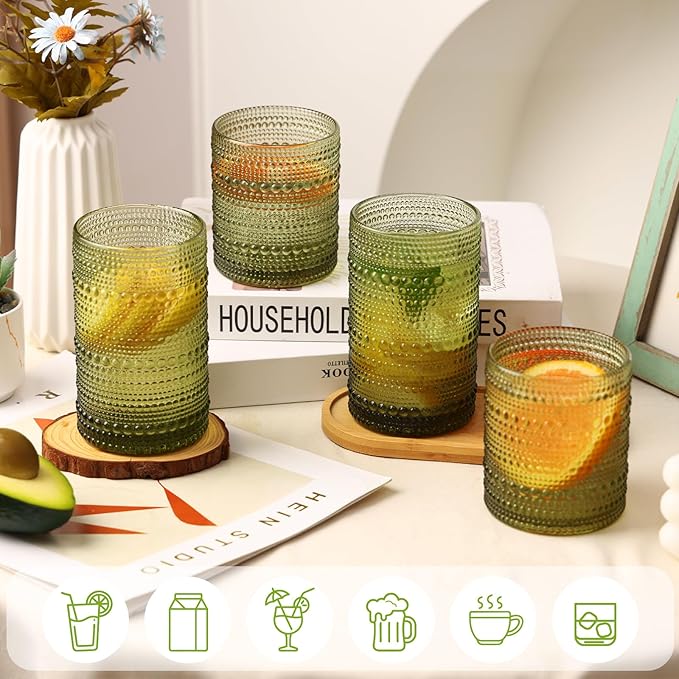Moretoes Hobnail Drinking Glasses, 12 Piece Green Water Glass Cups, Mixed Vintage Glassware Set, 6pcs 12oz Highballs and 6pcs 10oz old Fashioned Glasses, Great for Cocktail, Whisky and other Beverages