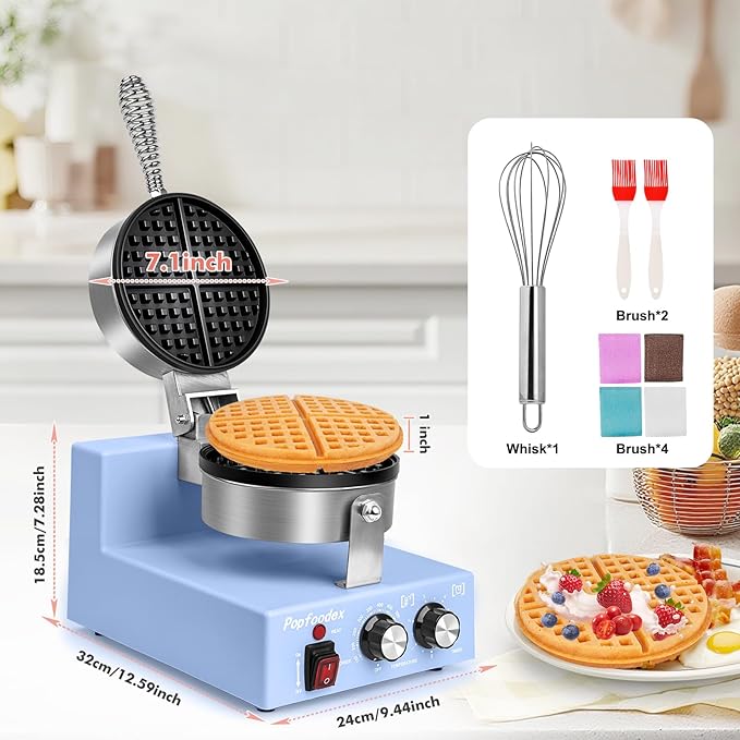 Commercial Waffle Maker for Restaurant, 110V Electric Waffle Maker w/Non-stick and 122–572°F Adjustable Temp, 1200W Profession Waffle Iron with Timer and Heavy Duty, Hotel Waffle Machine