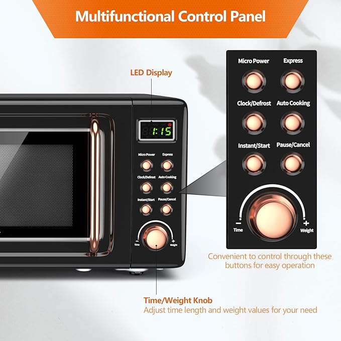Moccha Retro Microwave, 0.7Cu.ft Compact Microwave, 700-Watt Countertop Microwave Ovens w/5 Micro Power, Delayed Start Function, LED Display, Child Lock, Small Microwave (Black)