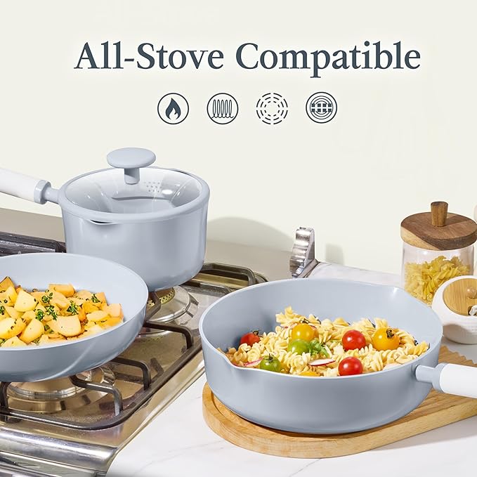 CAROTE Ceramic Cookware Set Nonstick, 9pcs Pots and Pans Set Non stick, Non-Toxic & PFAS-Free,Dishwasher, RV/Camping Cookware Set,Sauce Pan with Lid, Blue