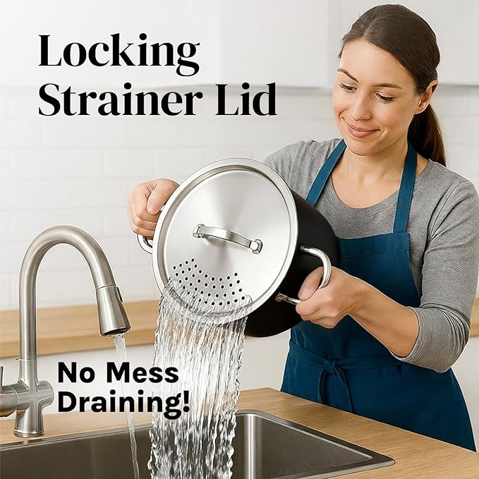 Cooler Concepts Pasta Pot with Strainer Lid - 5.5 Quart Large Spaghetti Pot - Twist & Lock for Easy Drain & No Colander Or Strainer Basket Insert Needed - Dishwasher Safe Pots