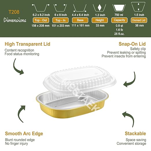 Oval Aluminum Foil Takeout Containers with Lids (5 Pack) – 2X Thicker Heavy Duty Gold Disposable Food Trays for Deli, Pasta, Salad, Bakery & To-Go Meals, 25oz