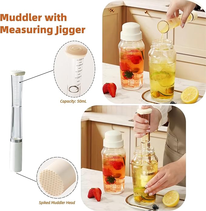 Cocktail Shaker Set-19 oz Glass Martini Shaker with Built-in Strainer，Muddler with Measuring Jigger and Stainless Steel Mixing Spoon, Home Bartender Kit Bar Tool for Margaritas Making, Drinks Mixing