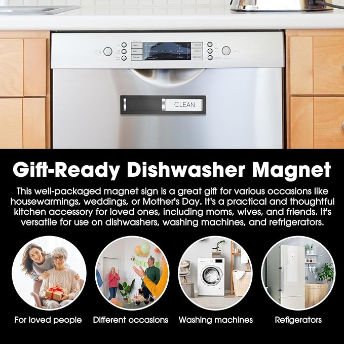 Dishwasher Magnet Clean Dirty Sign, HYF DESIGN Grade 304 Stainless Steel, Non-Scratch/Easy to Read & Slide/Strong Clean Dirty Magnet for Dishwasher, Extra Adhesive Tapes Included(Black-04)